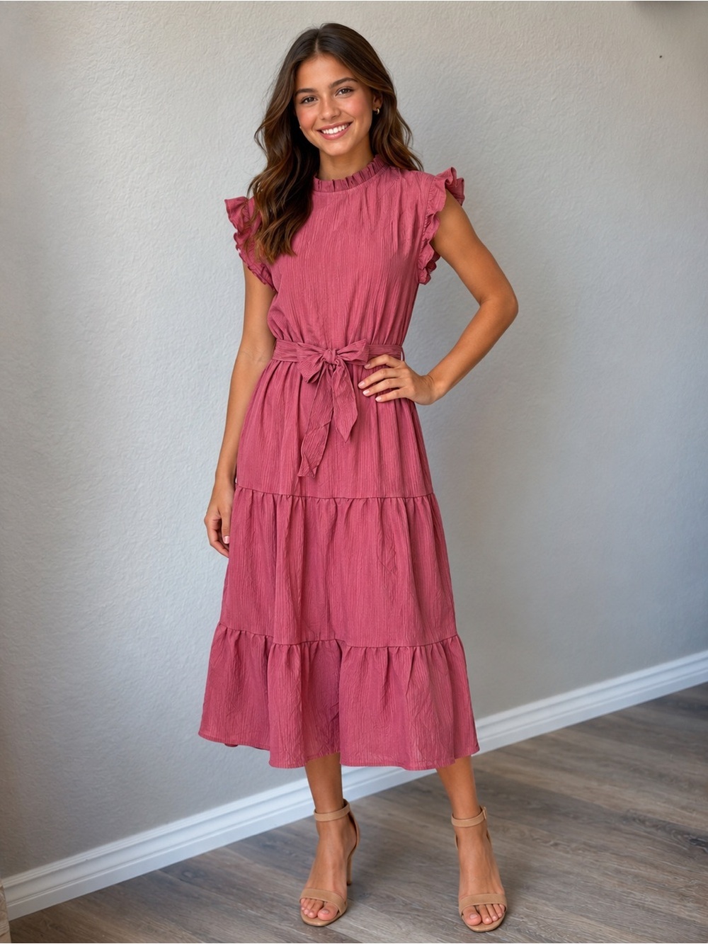 NWT Teen Ruffled Cap-Sleeve Tie-Waist Midi Dress in Rose, 14-15Y